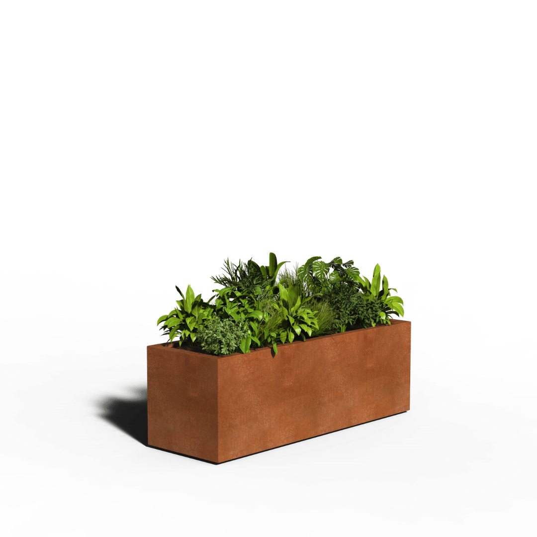 Jardinière rectangulaire en acier corten | Soudé | 150 x 50 x 50 | Avec fond