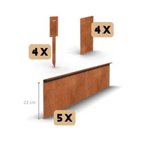 Aço corten borda de jardim com dobra superior 22 cm | Conjunto completo por 11,5 metros