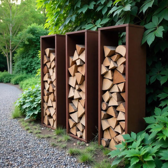 cortenstaal houtopslag met hout
