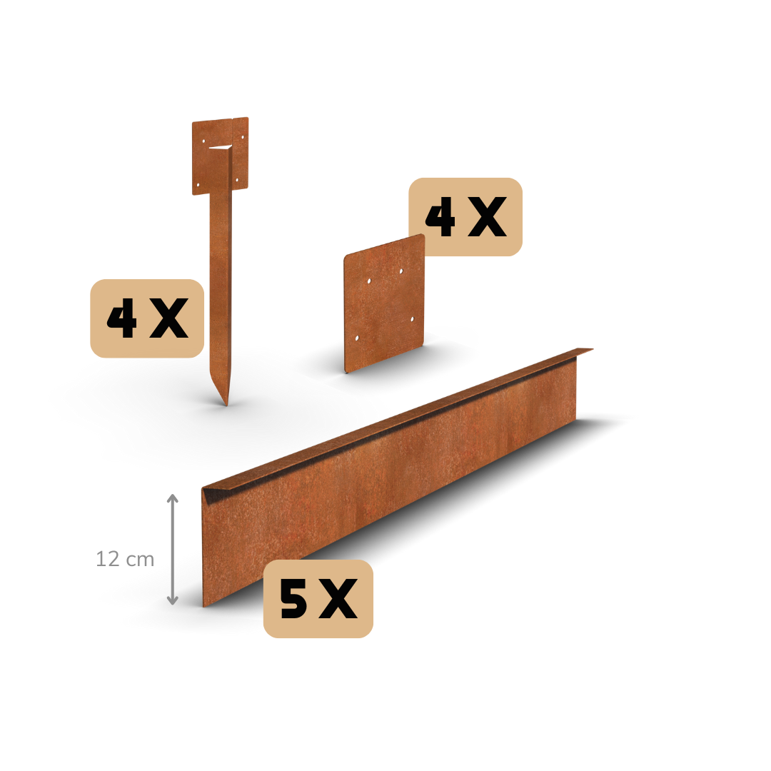Cortenová ocel okraj záhonu ohnut_ 12 cm | Kompletní sada na 11,5 metru