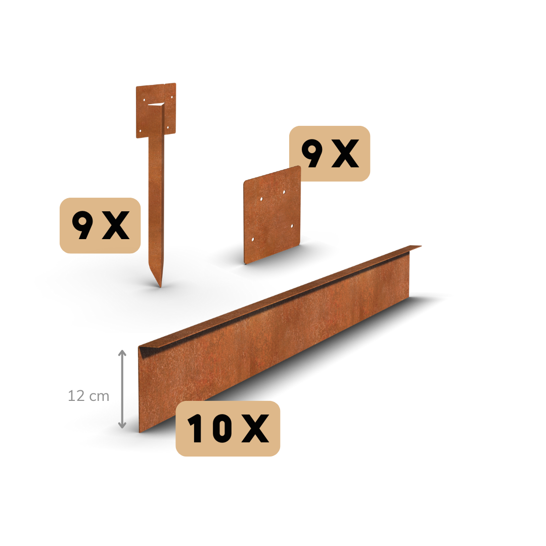 Cortenstål bedkant bukket 12 cm | Komplet sæt pr. 23 meter