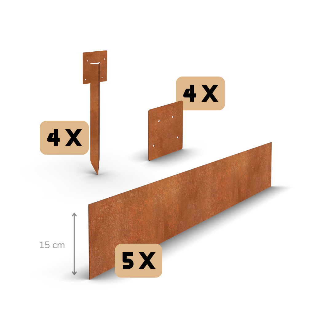 Cortenstål bedkant ret 15 cm | Komplet sæt pr. 11,5 meter