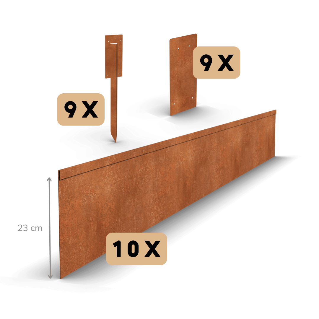 Cortenstahl Rasenkante Gequetscht 23 cm | Komplettset pro 23 Meter
