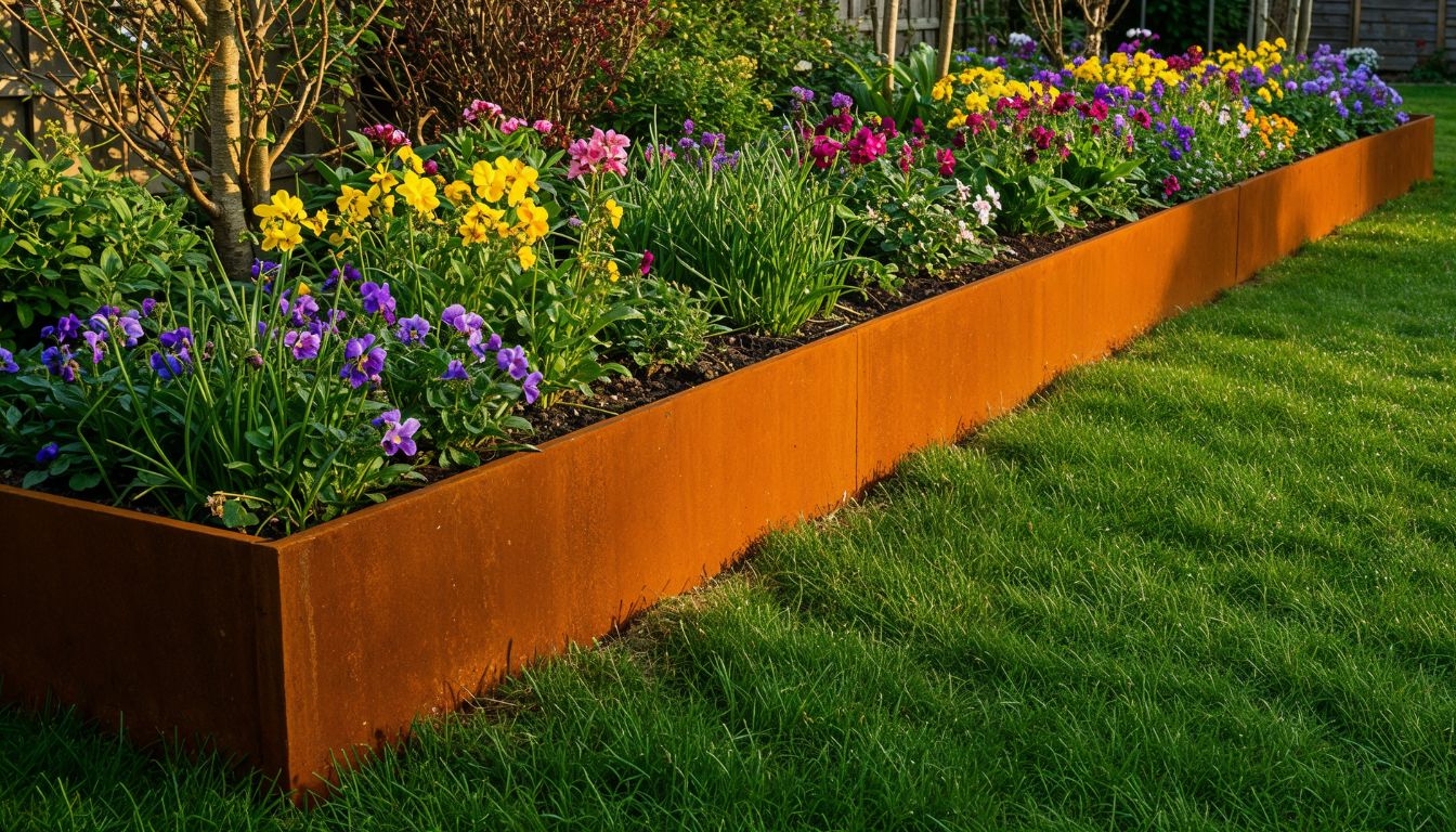 Bordura de acero corten: Líneas limpias en un jardín vivo