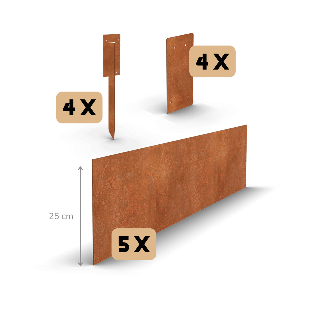 Corten-teräksen reunusreunus suora 25 cm | Täydellinen sarja 11,5 metrin matkalla.