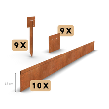 Aço corten borda de jardim com dobra achatada 13 cm | Conjunto completo por 23 metros