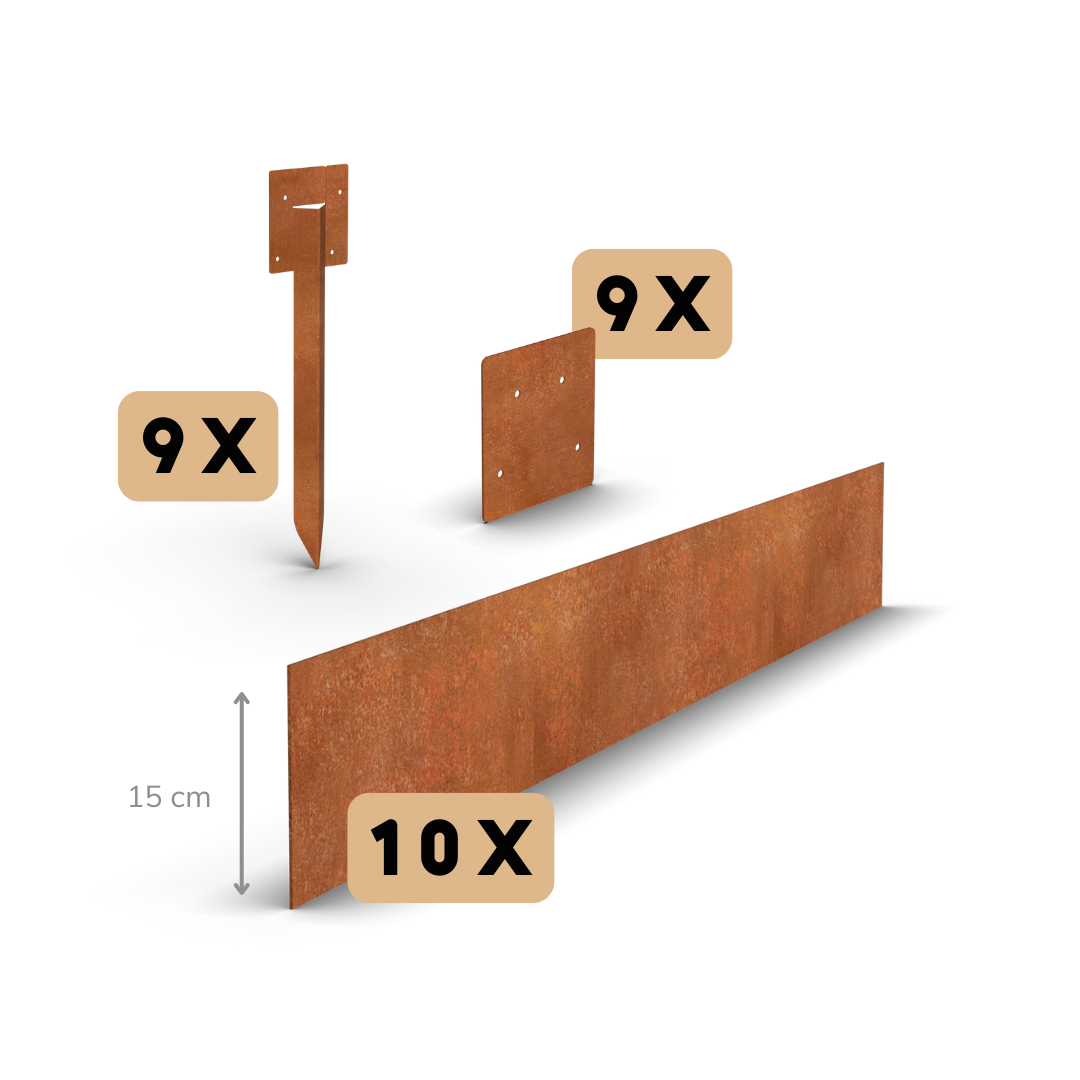 Ocel Corten okraj záhonu rovný 15 cm | Kompletní sada na 23 metrů