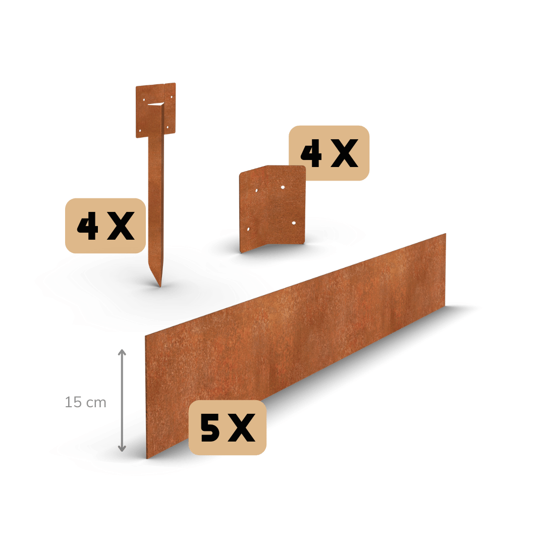 Cortenstål bedkant ret 15 cm | Komplet sæt pr. 11,5 meter