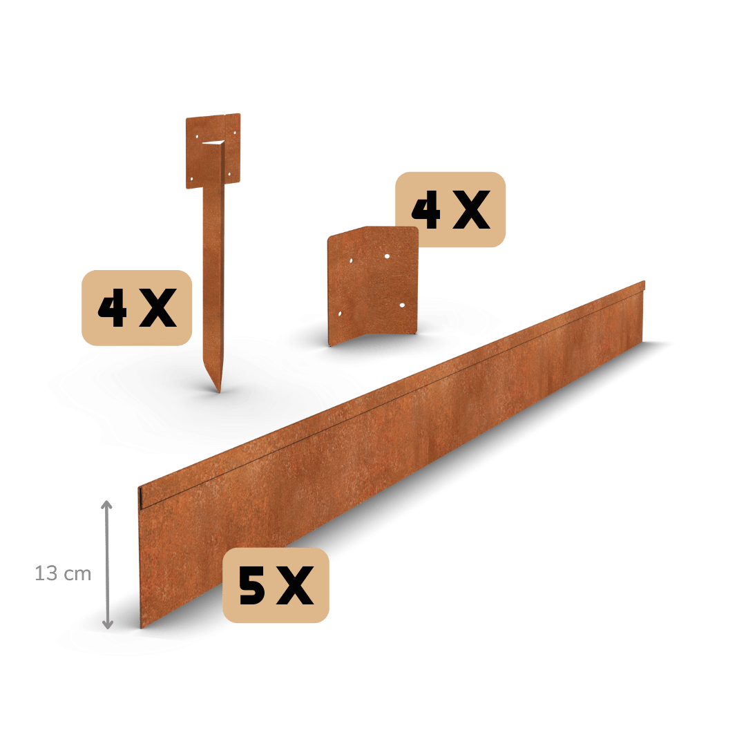 Corten-teräksen reuna litistetty 13 cm | Täydellinen sarja 11,5 metrin pituudelta.