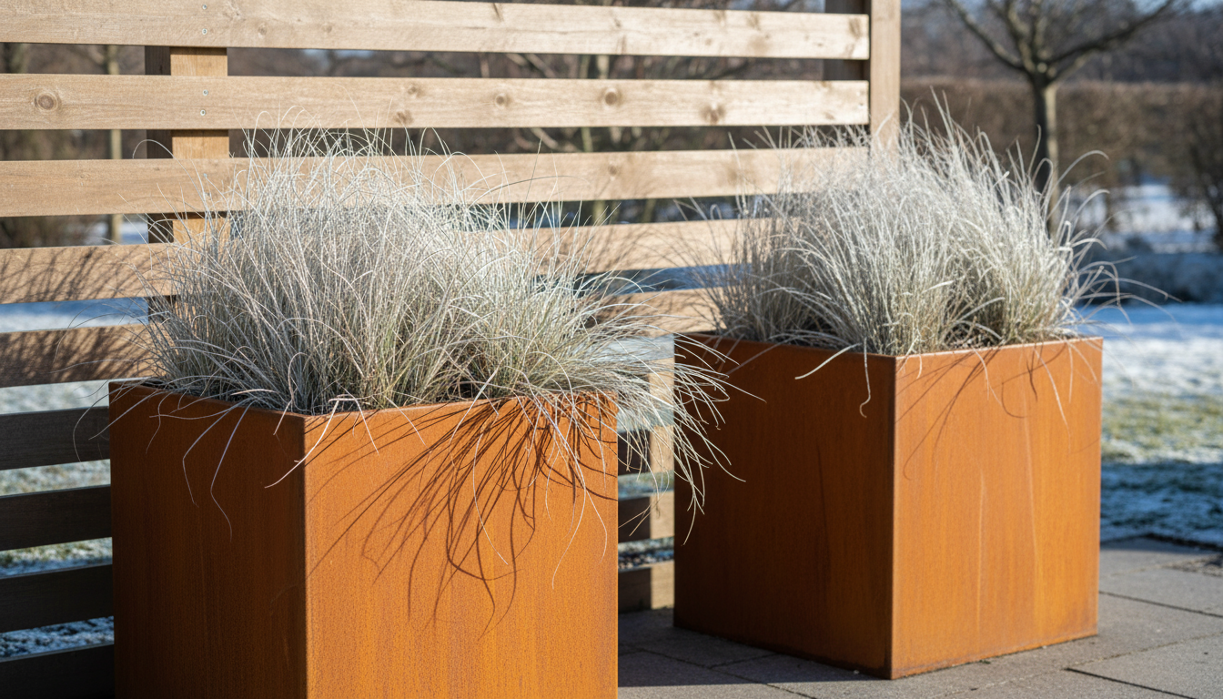 Erbe ornamentali in acciaio Corten in inverno