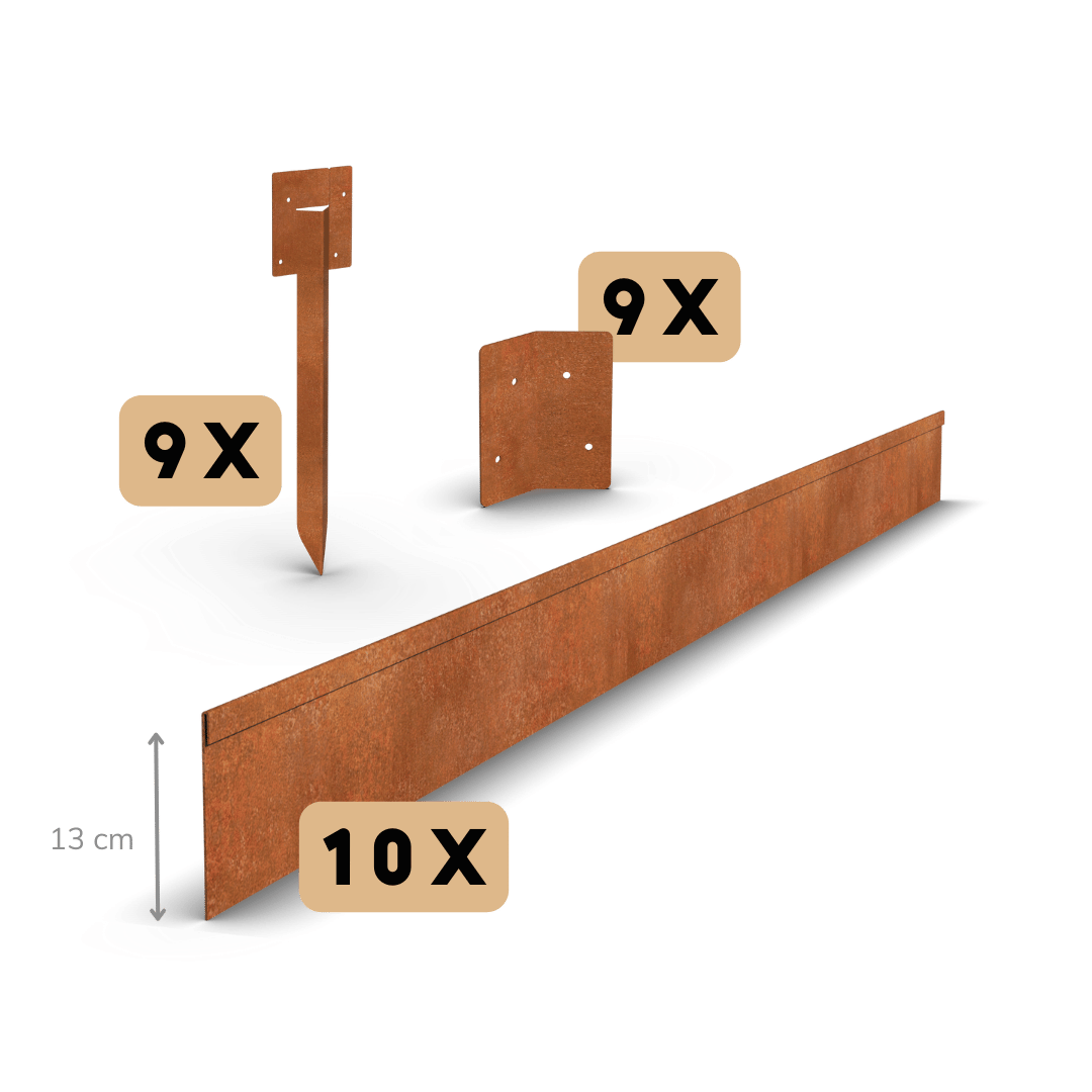 Cortenstaal borderrand geplet 13 cm | Complete set per 23 meter