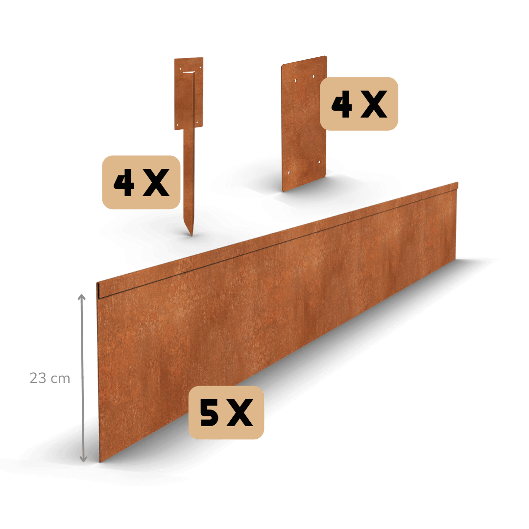 Cortenstaal borderrand geplet 23 cm | Complete set per 11,5 meter