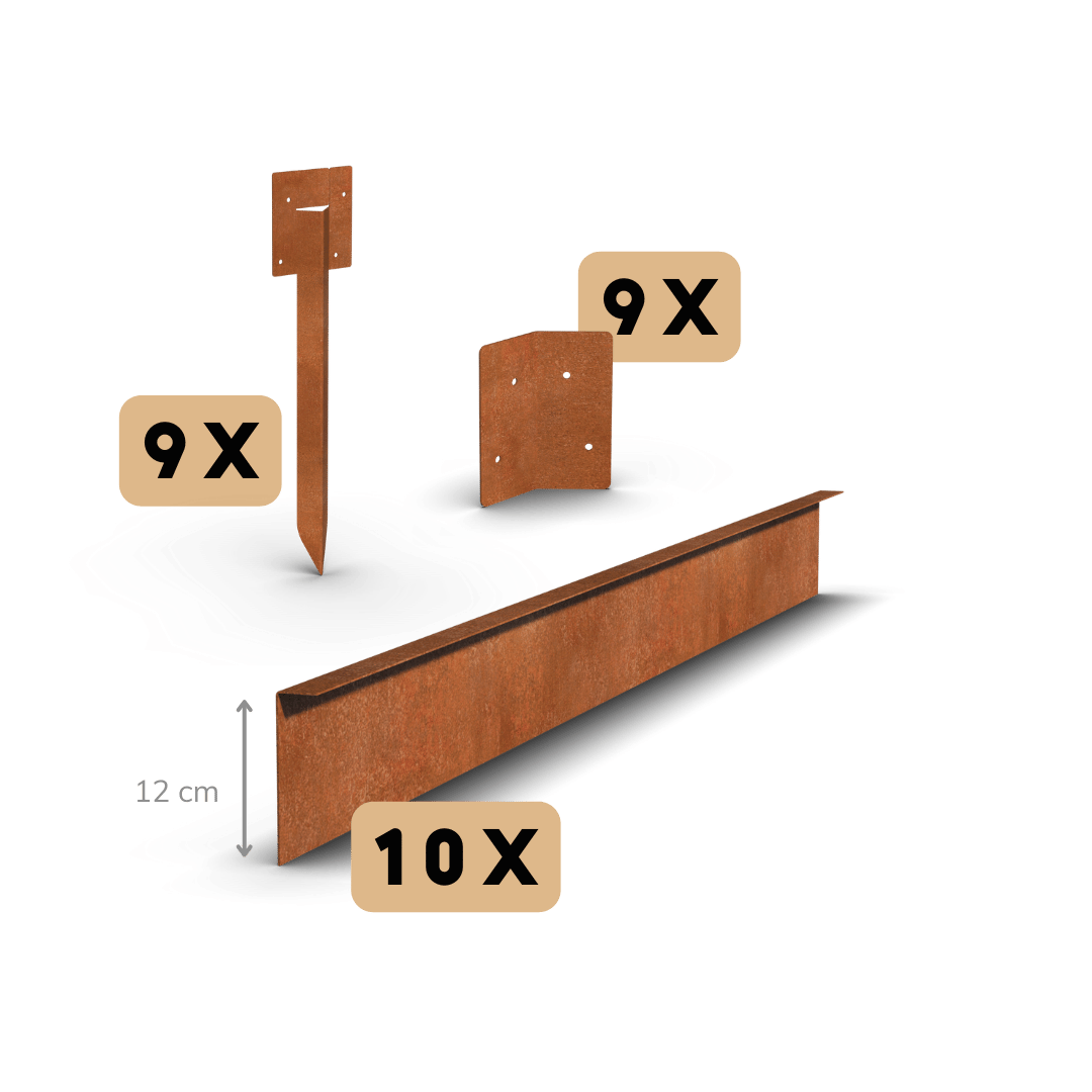 Cortenstaal borderrand gezet 12 cm | Complete set per 23 meter
