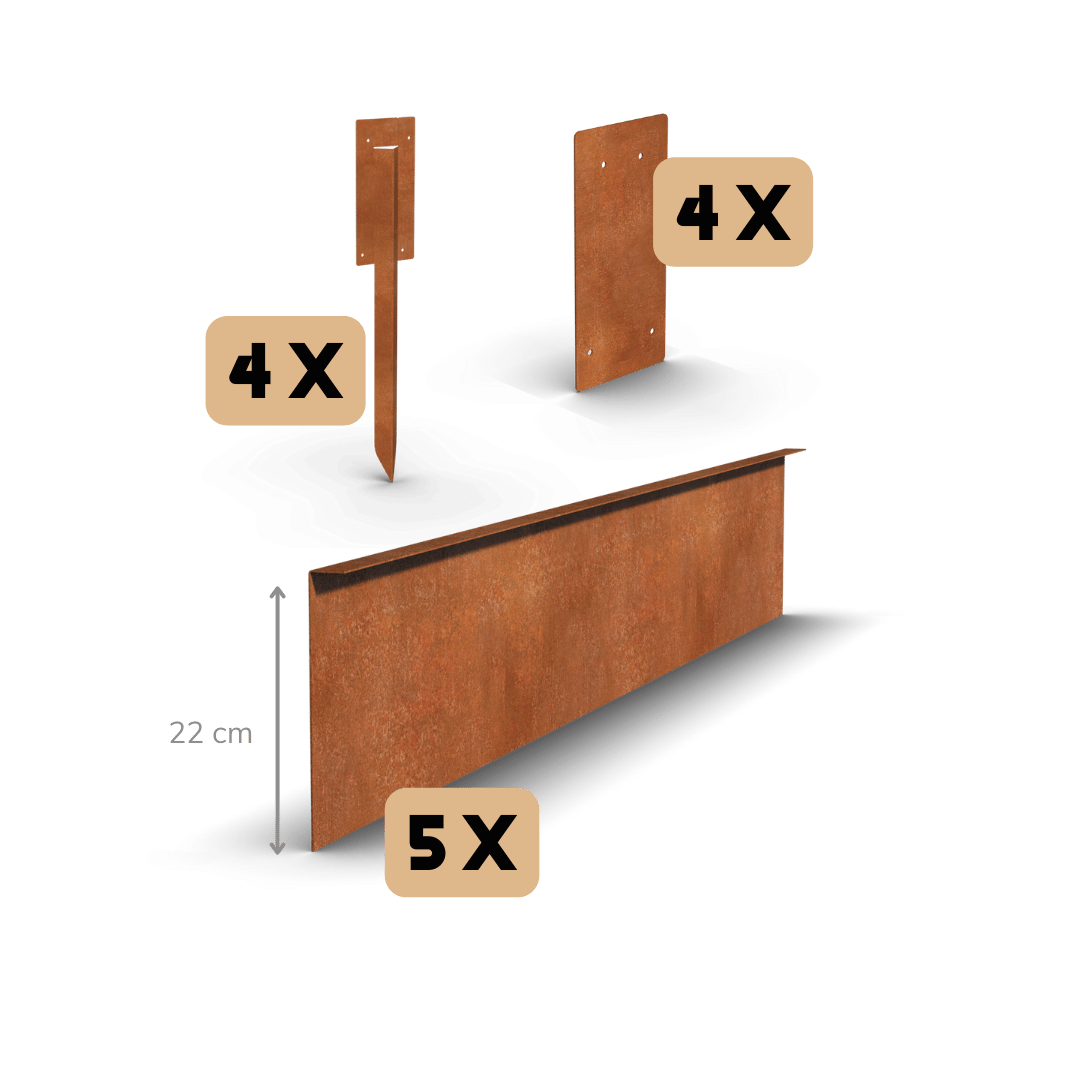 Cortenstaal borderrand gezet 22 cm | Complete set per 11,5 meter