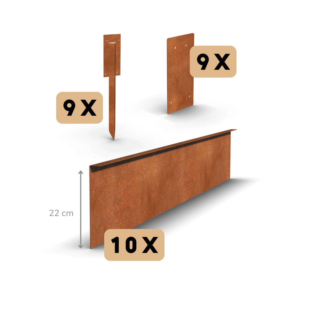 Cortenstaal borderrand gezet 22 cm | Complete set per 23 meter