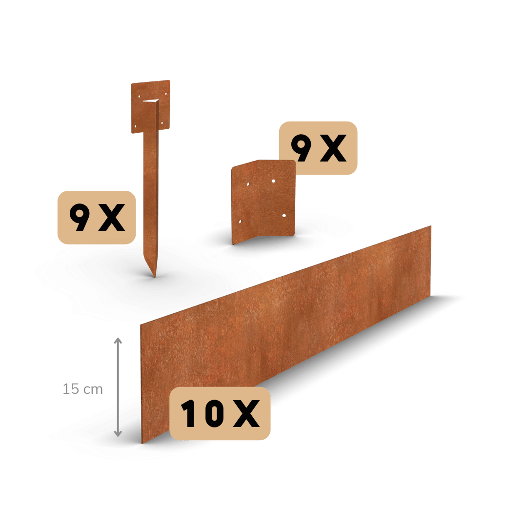 Cortenstaal borderrand recht 15 cm | Complete set per 23 meter