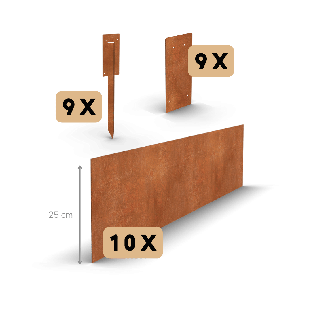 Cortenstaal borderrand recht 25 cm | Complete set per 23 meter